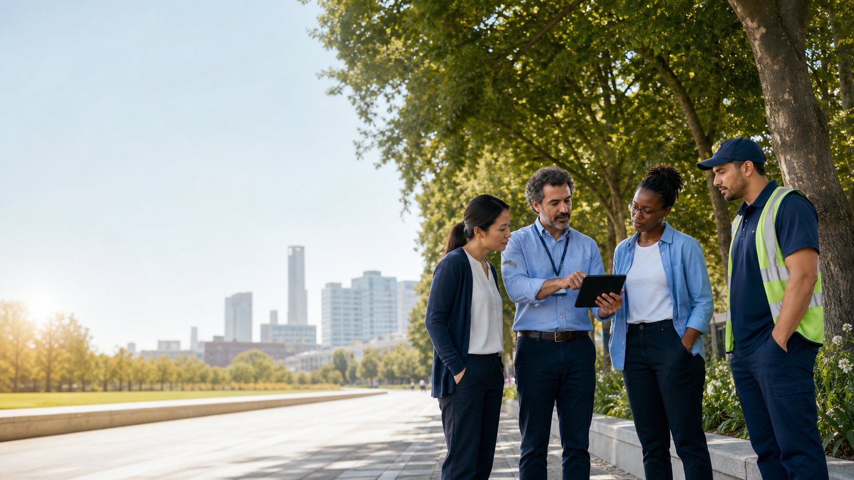 A municipal field team reviewing street conditions together.