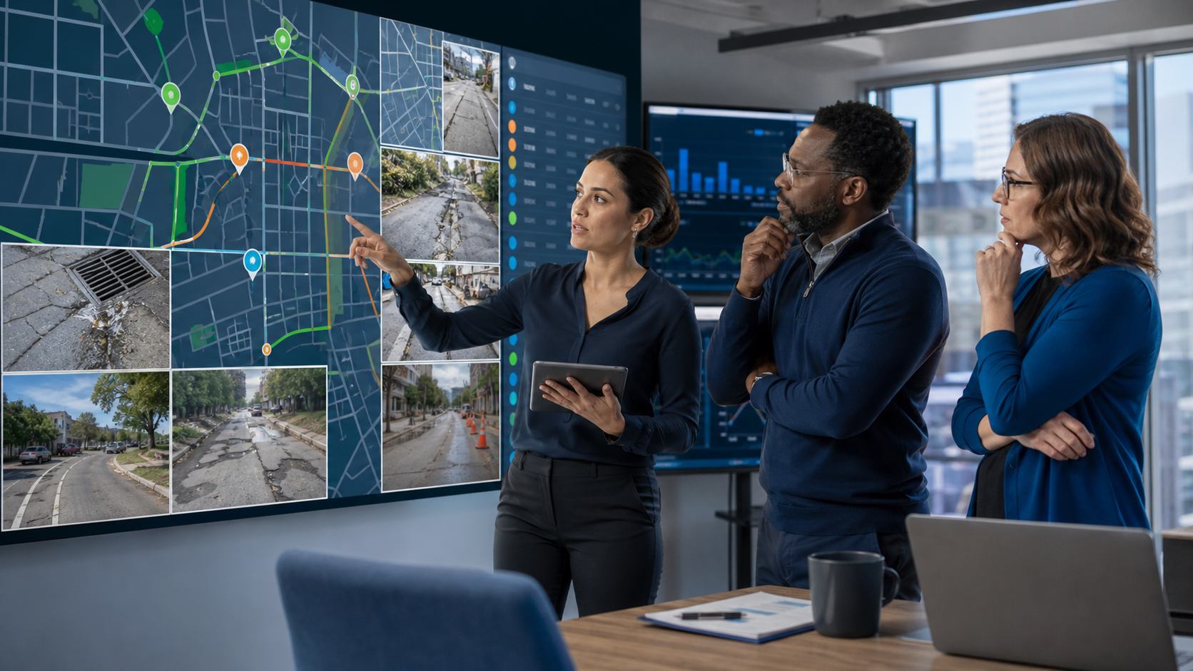 A team planning which streets to attend to first.