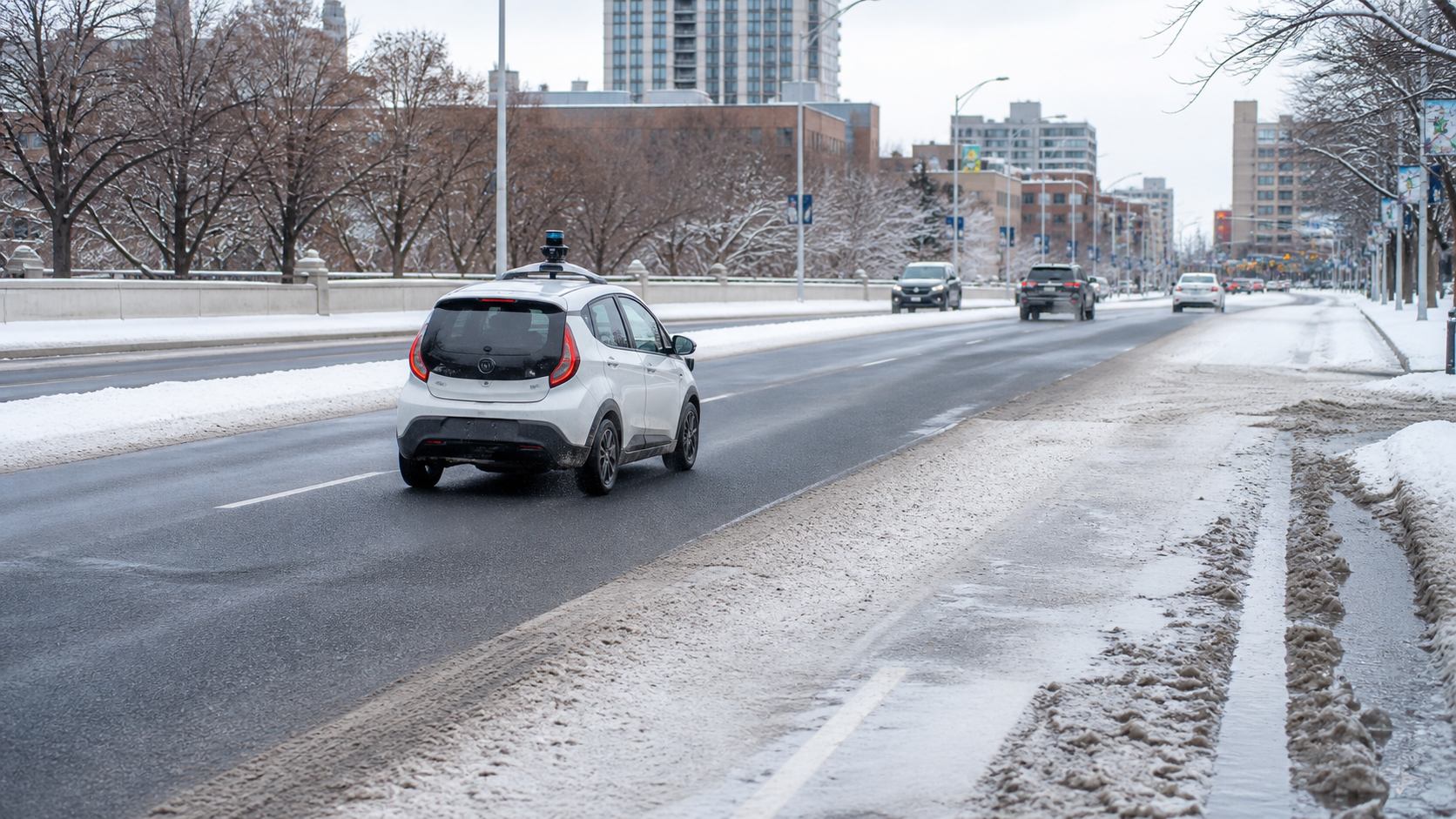 A snow-covered street showing a seasonal road-surface condition.